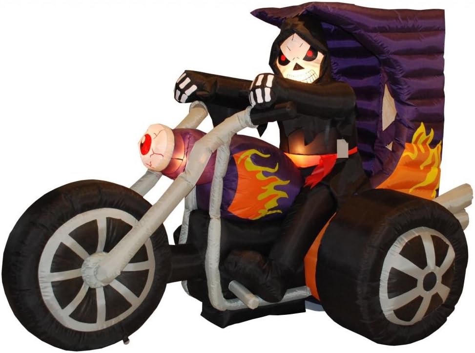 7 FT Long Halloween Inflatable Grim Reaper on Motorcycle / Lights, Outdoor Indoor, Blow Up Lighted Yard