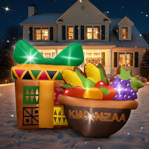 6.7FT Kawanzaa Inflatable Fruit Basket with Gift Boxes, African Heritage Outdoor Blow Up Yard Decoration with