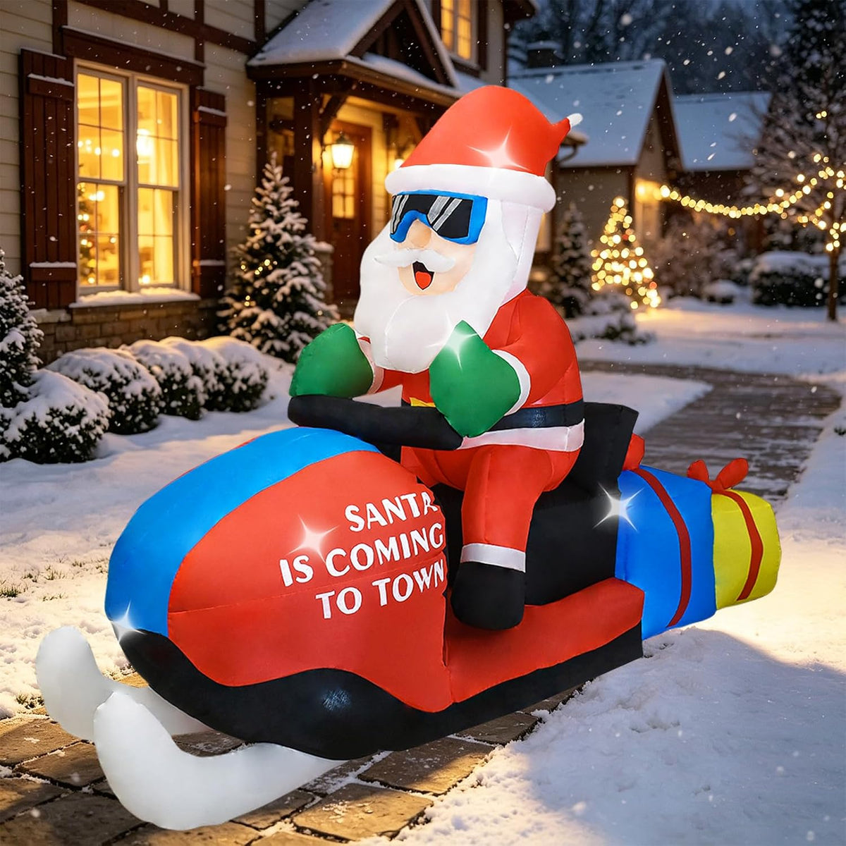 8 FT Christmas Inflatables Santa Claus Outdoor Decorations / Blow Up Santa on Snowmobile with Built-in LED