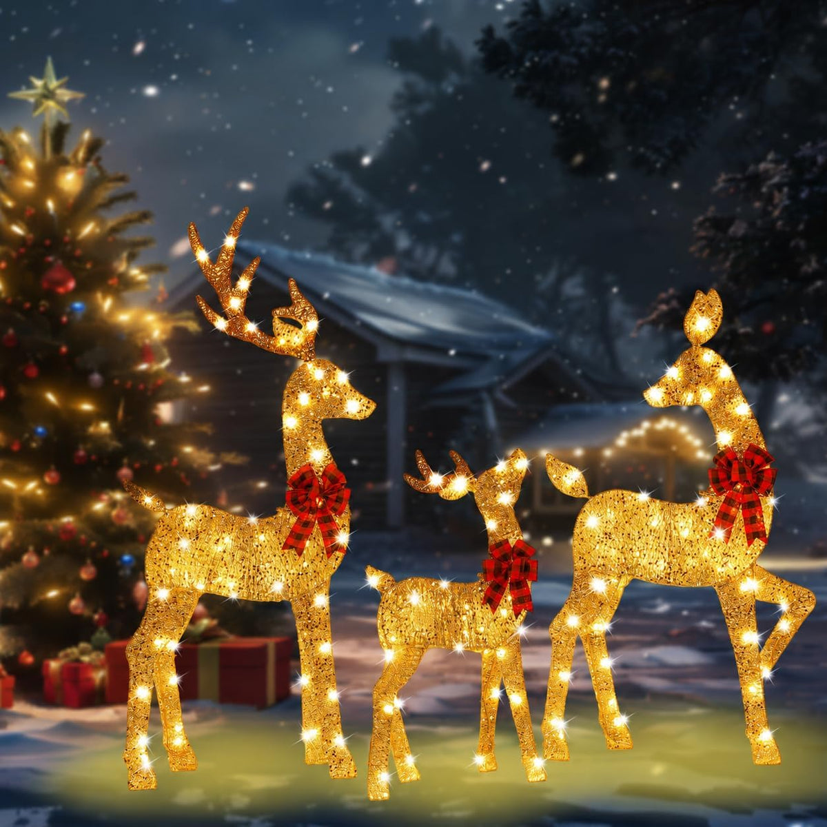 48 Inch 2.5D Gold Lighted Christmas Deer Decorations 3-Piece Outdoor Holiday Decorations Reindeer Set with 145 Warm White ...