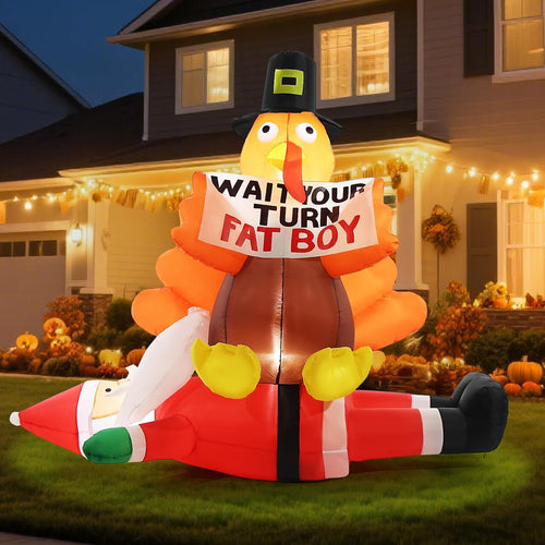 5FT Thanksgiving Turkey Inflatable Outdoor Decorations, Turkey Sitting on Santa Claus Blow Up Decoration with Sign, Built-...