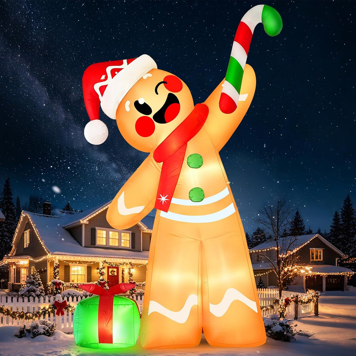 Danxilu 12FT Christmas Inflatable Gingerbread Man Decoration with LEDs / Blowups Candy Cane and Gift Box,