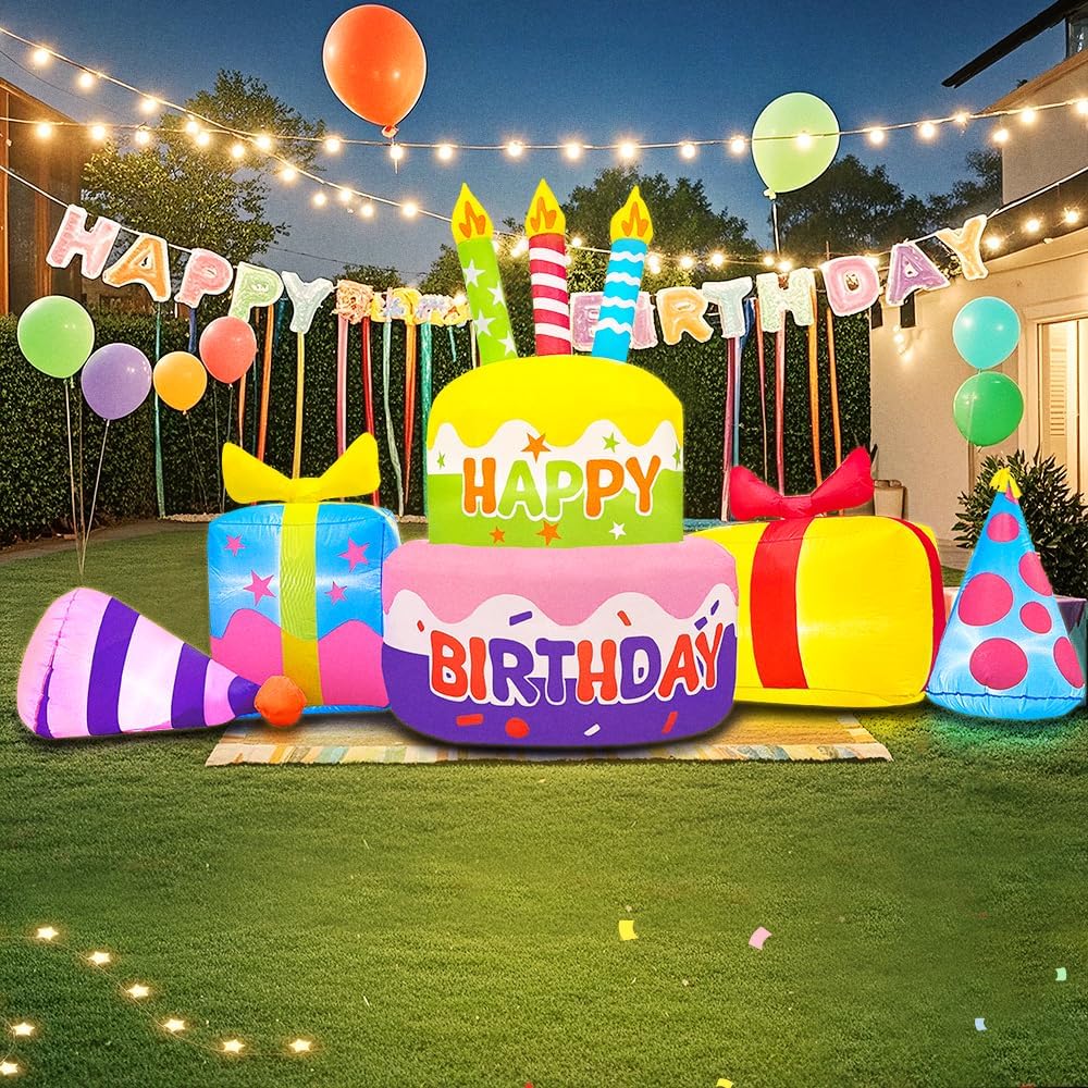 8FT Inflatable Happy Birthday Cake Decoration with Candles Blow up Outdoor Yard Decorations, Built-in LED