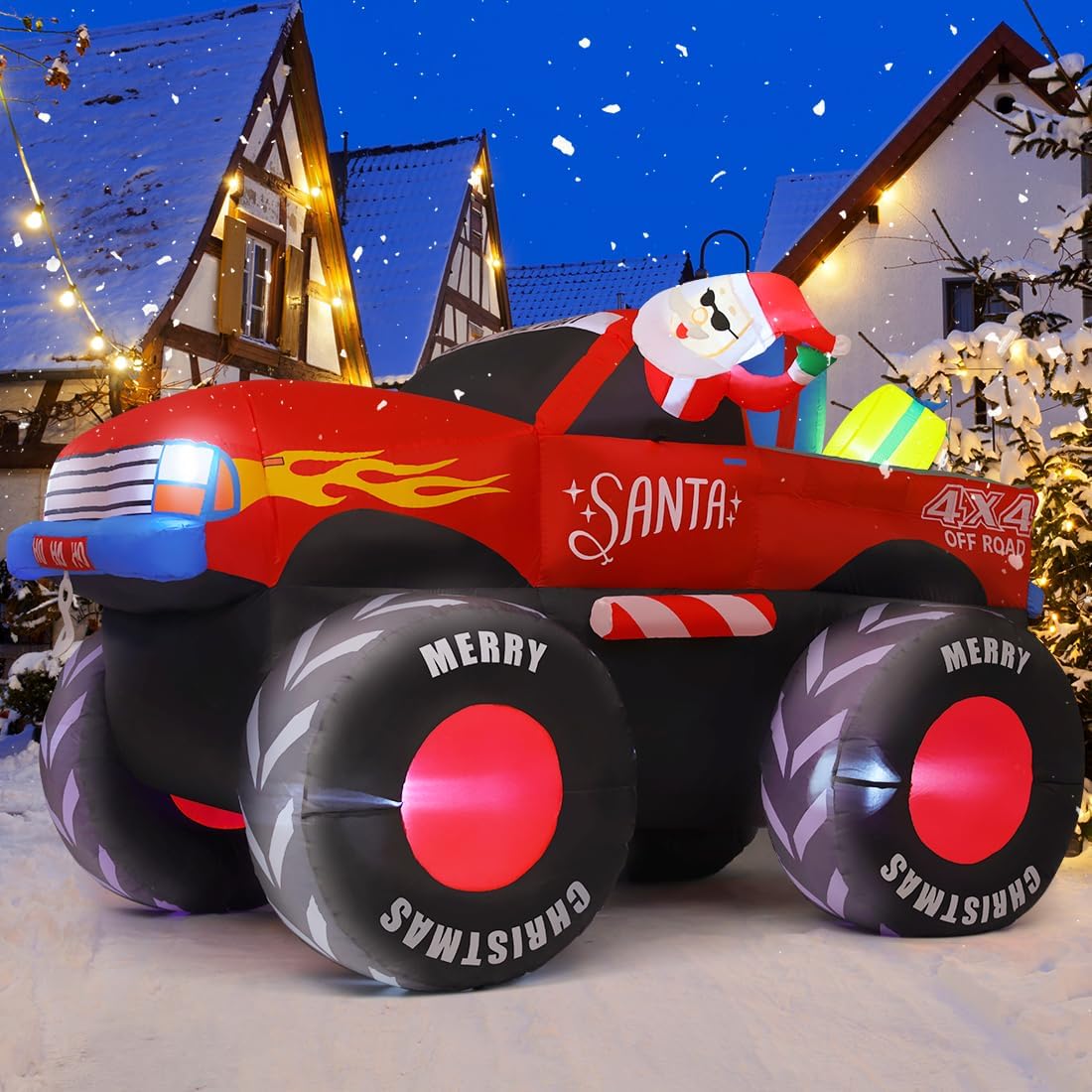 GOOSH 7.5 FT Long Christmas Inflatables Monster Truck Outdoor Decorations Blow Up Yard Santa Claus with Pre
