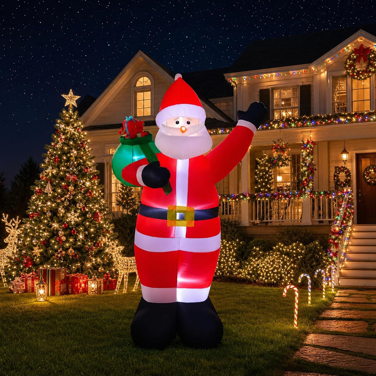 7.8 FT Christmas Inflatable Santa Claus Waving Hand Outdoor Decorations, Blow Up Santa Claus with Gifts Bag