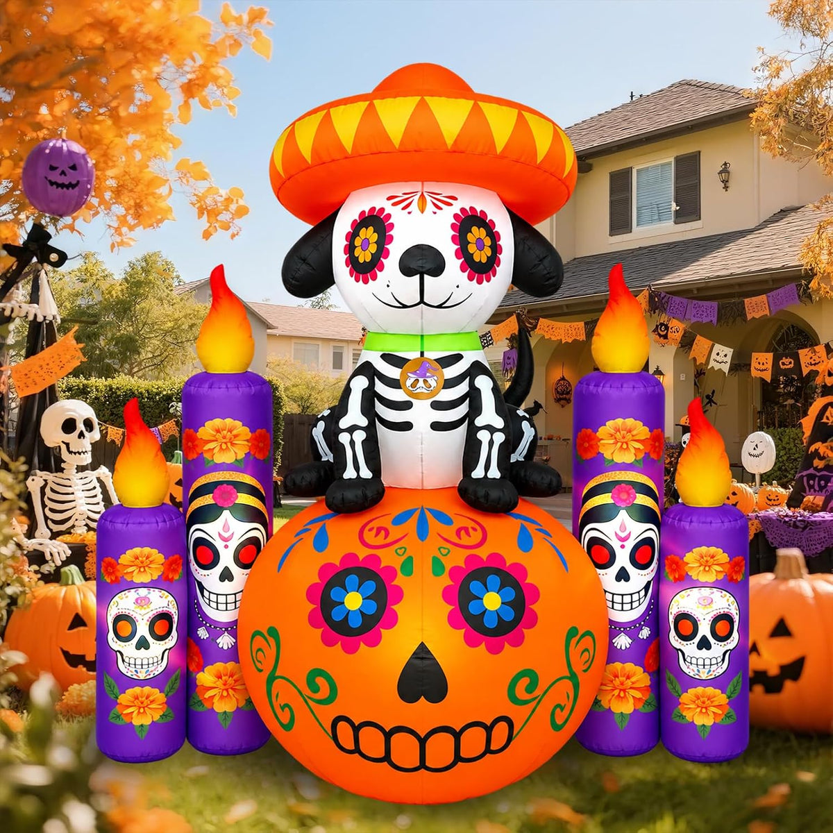 6 FT Halloween Decorations Outdoor Inflatable Dog with Pumpkin and Candles, Dia de Los Muertos Decoration,