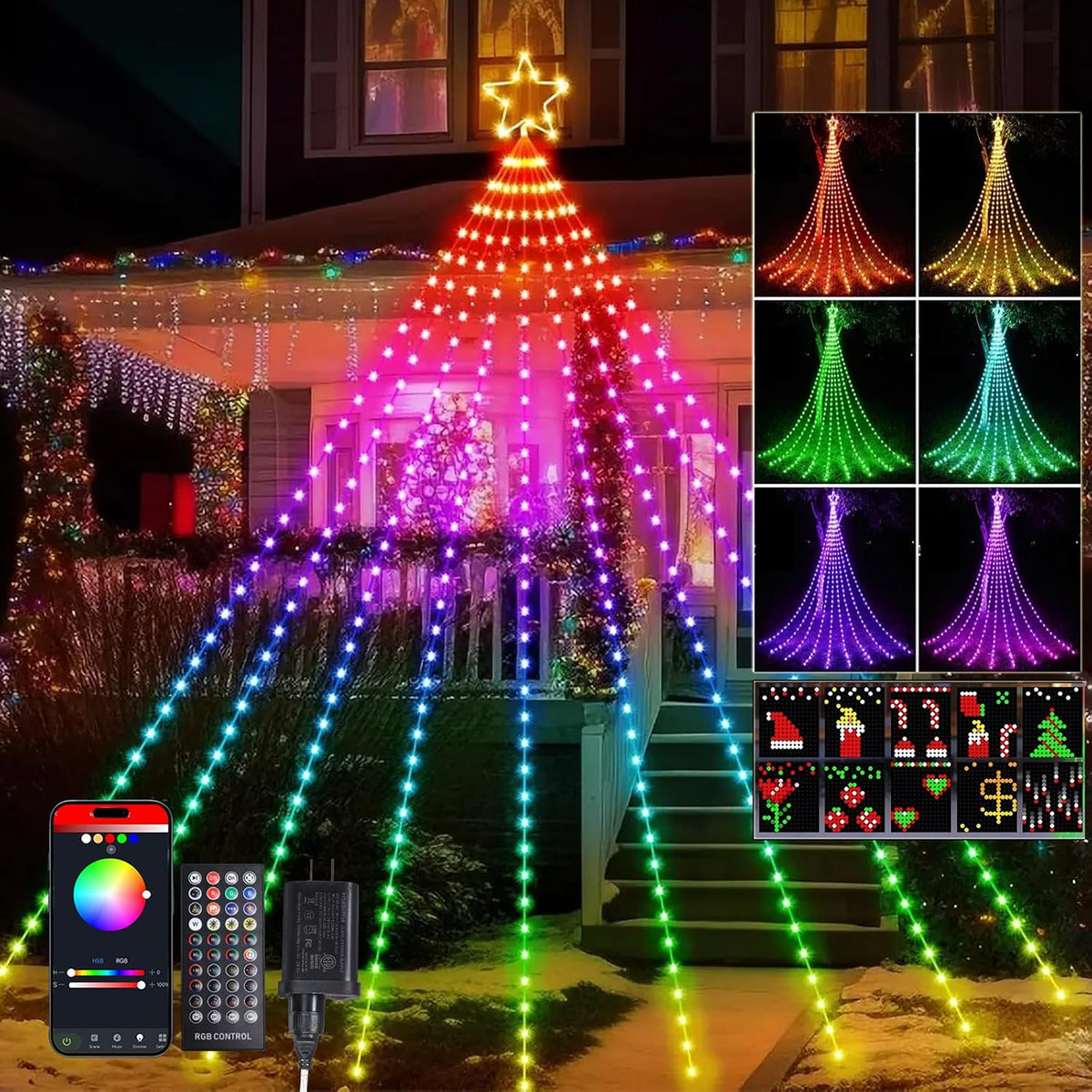 Vigdur 16.4FT Christmas Tree Decoration - 315 LEDs Customizable Star Waterfall Tree Lights with Remote,