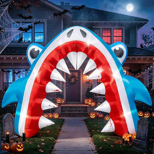 13FT Halloween Blue Shark Inflatable Arch for Yard Lawn Decor / Giant Shark Blow Up with Built-in 6 LED Lig