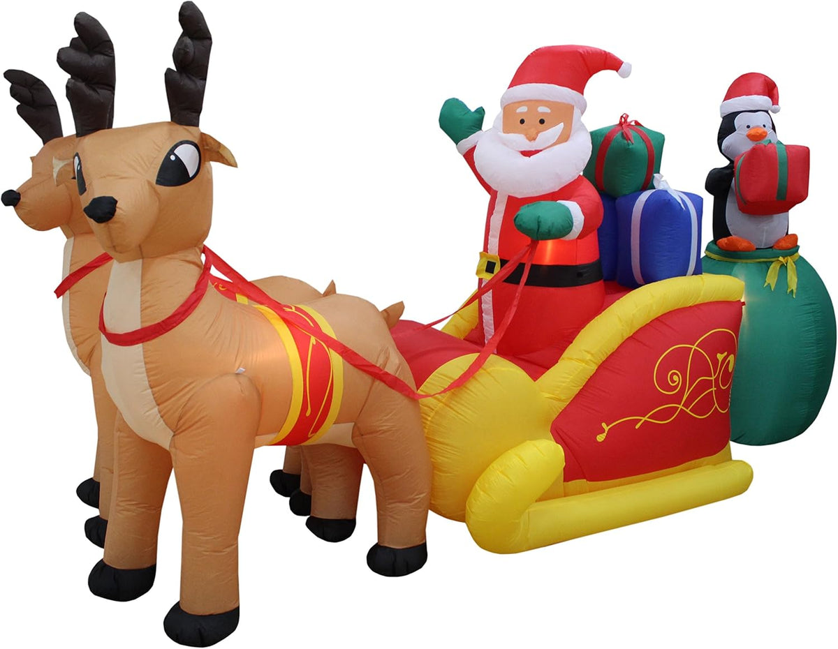 13 FT Long Jumbo Lighted Christmas Inflatable Santa Claus & Penguin / In Sleigh Pulled by Two Reindeer, Giant