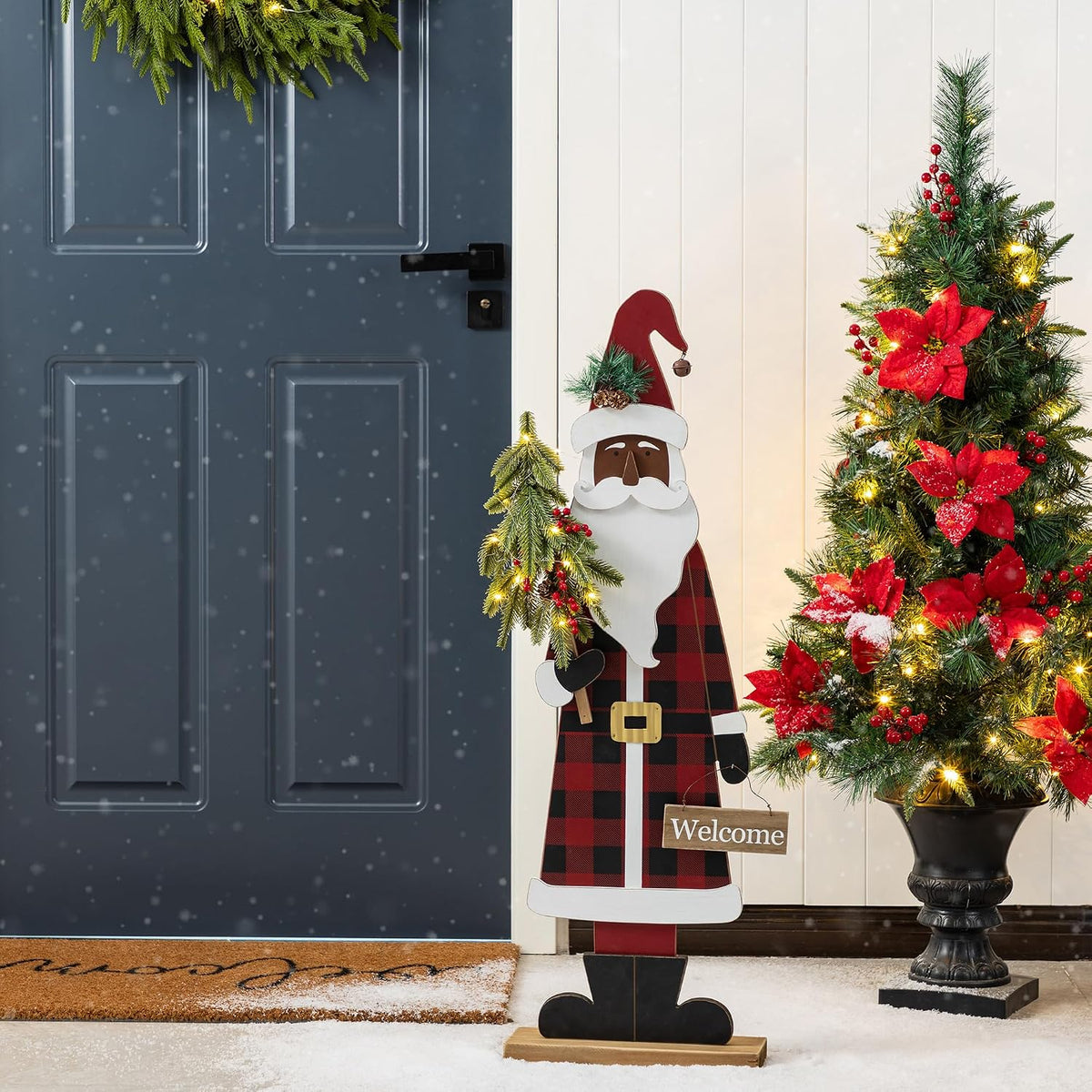 Glitzhome 36''H Lighted Wooden Africa Santa Porch Decor with Timer & LED Lights, Christmas Standing Santa