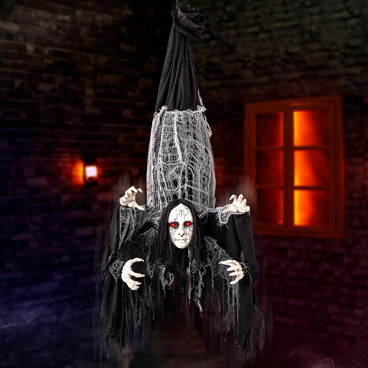 Halloween Animatronics Decorations Hanging Ghost with 4 Hands, 67'' Animated Spooky Zombie Ghosts with Creepy