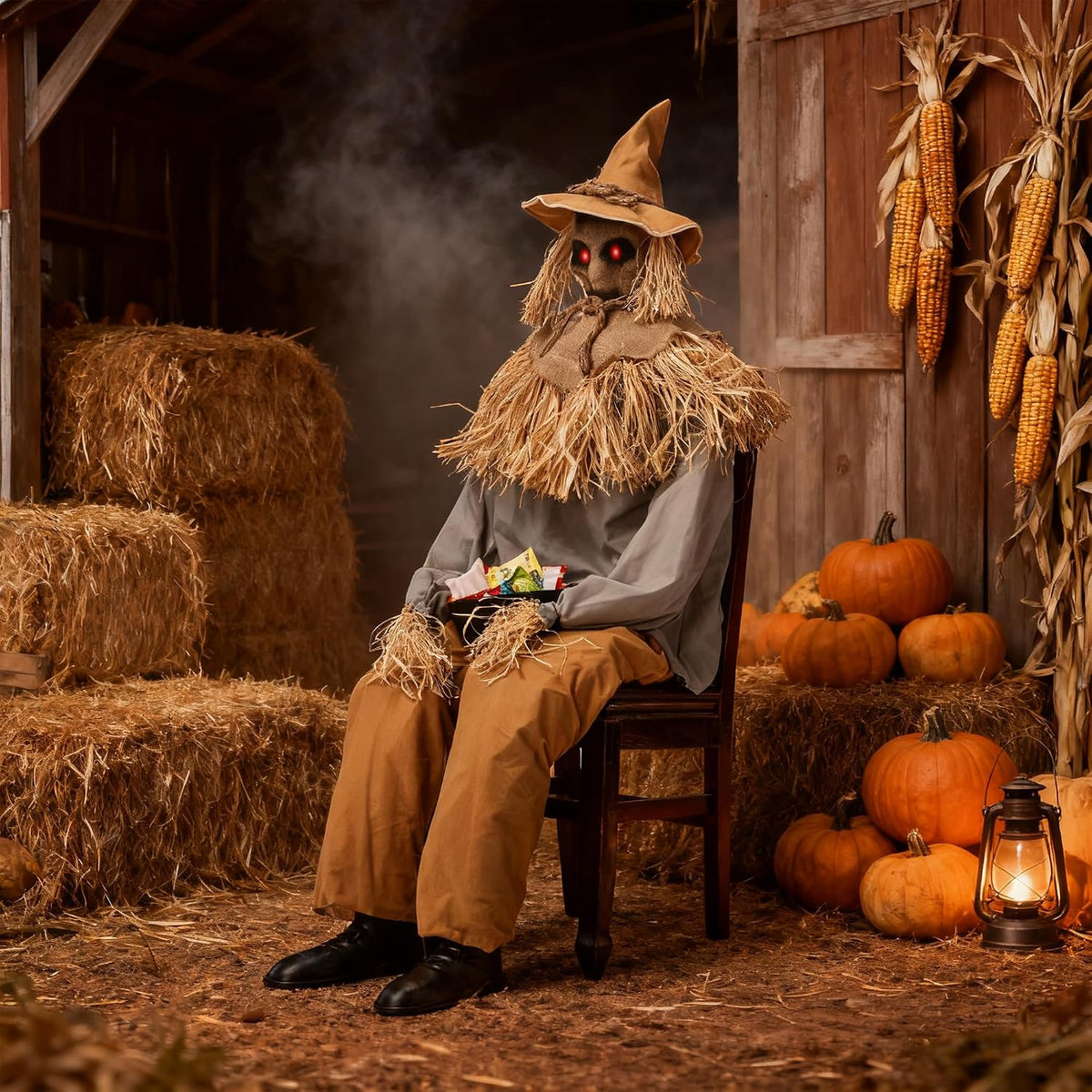 Halloween Animatronics 4.5 Ft Tricked Scary Sitting Scarecrow Decorations / Sensor Activated / Creepy Voice /
