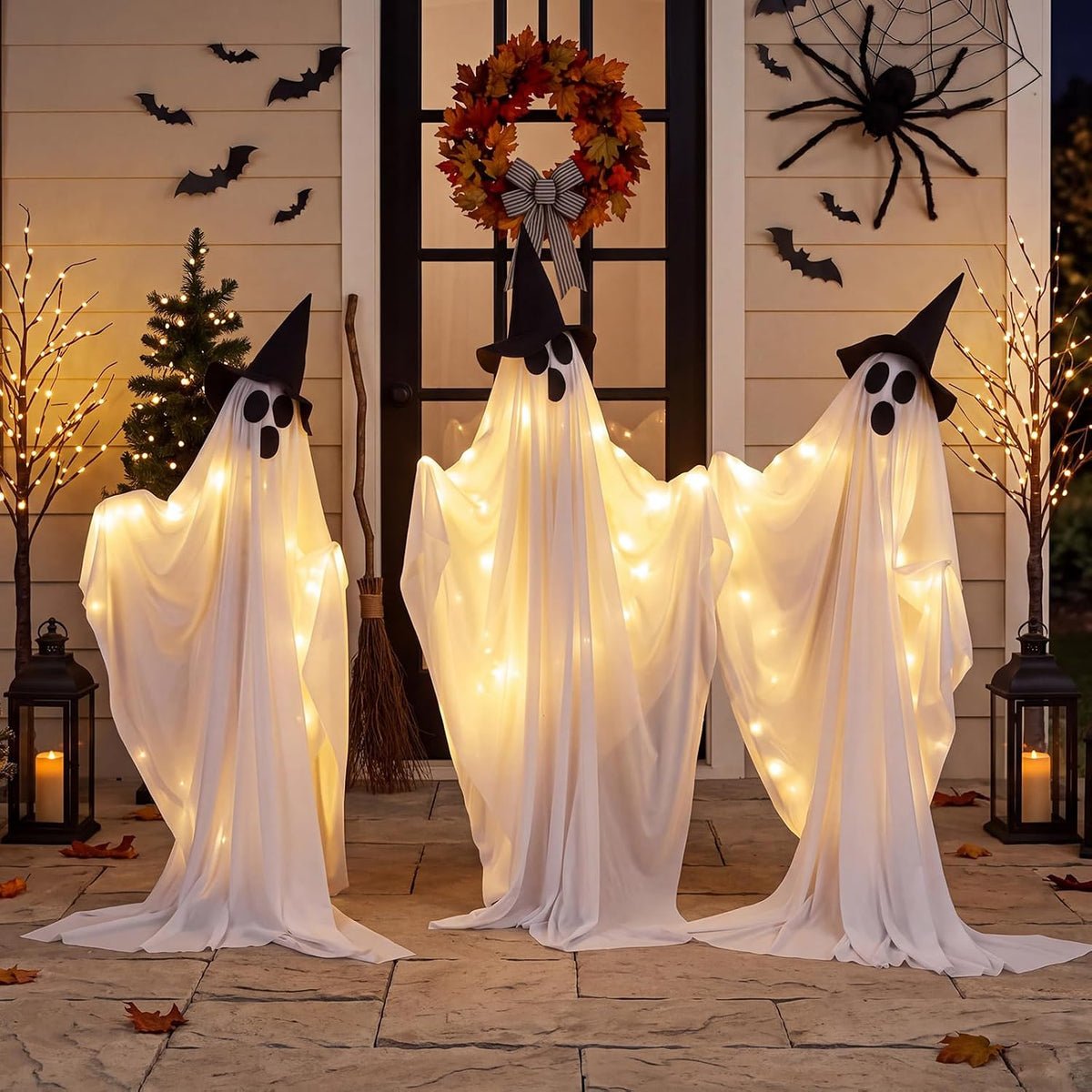 Gerrii 3 Pcs Lighted Halloween Ghosts, Sound Activated Animated Decor / 47"-51" Halloween Animatronics with