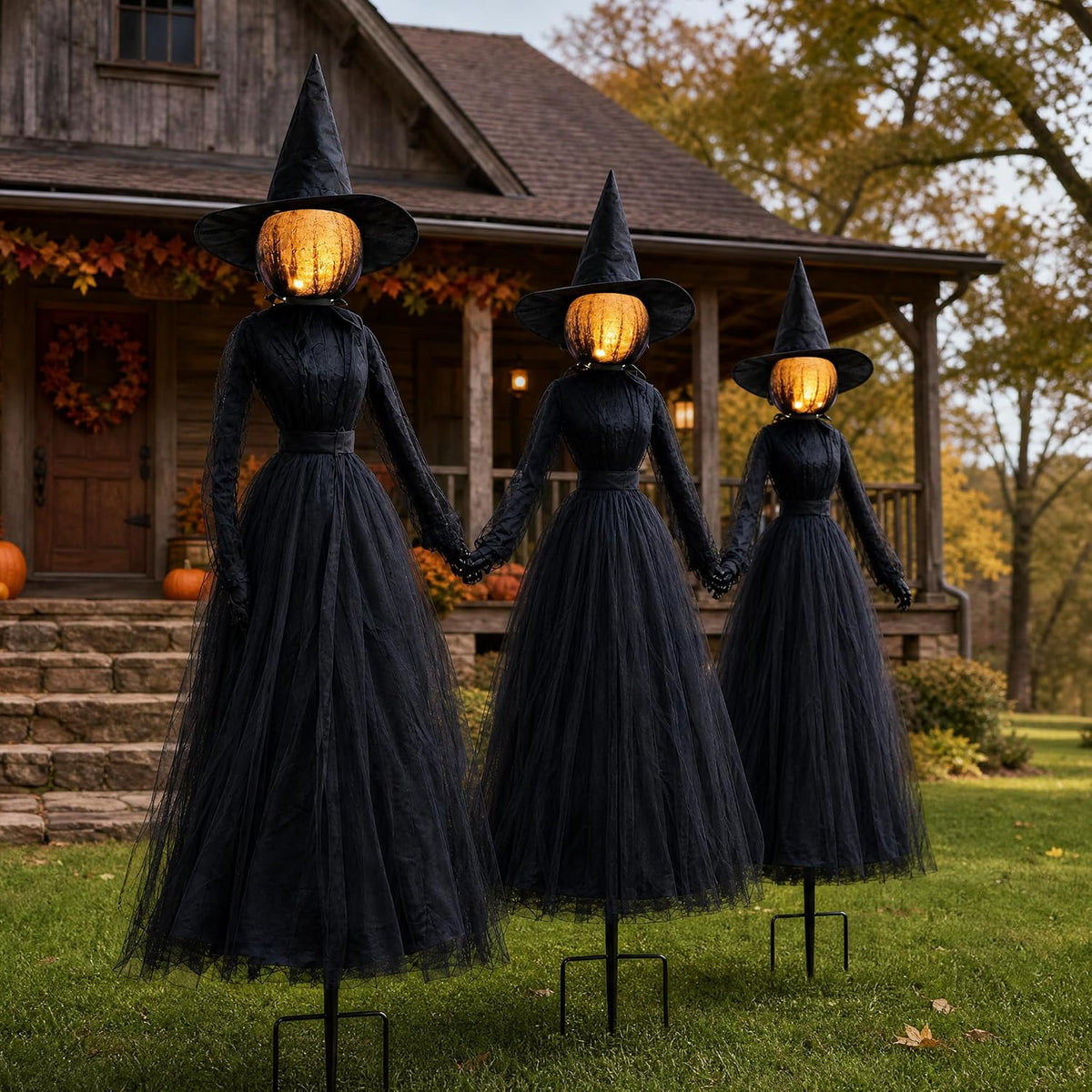 TW SHINE Halloween Witch Decorations Outdoor, 6 FT Set of 3 Holding Hands Witches Stakes with Glowing Face, Lighted Hallow...