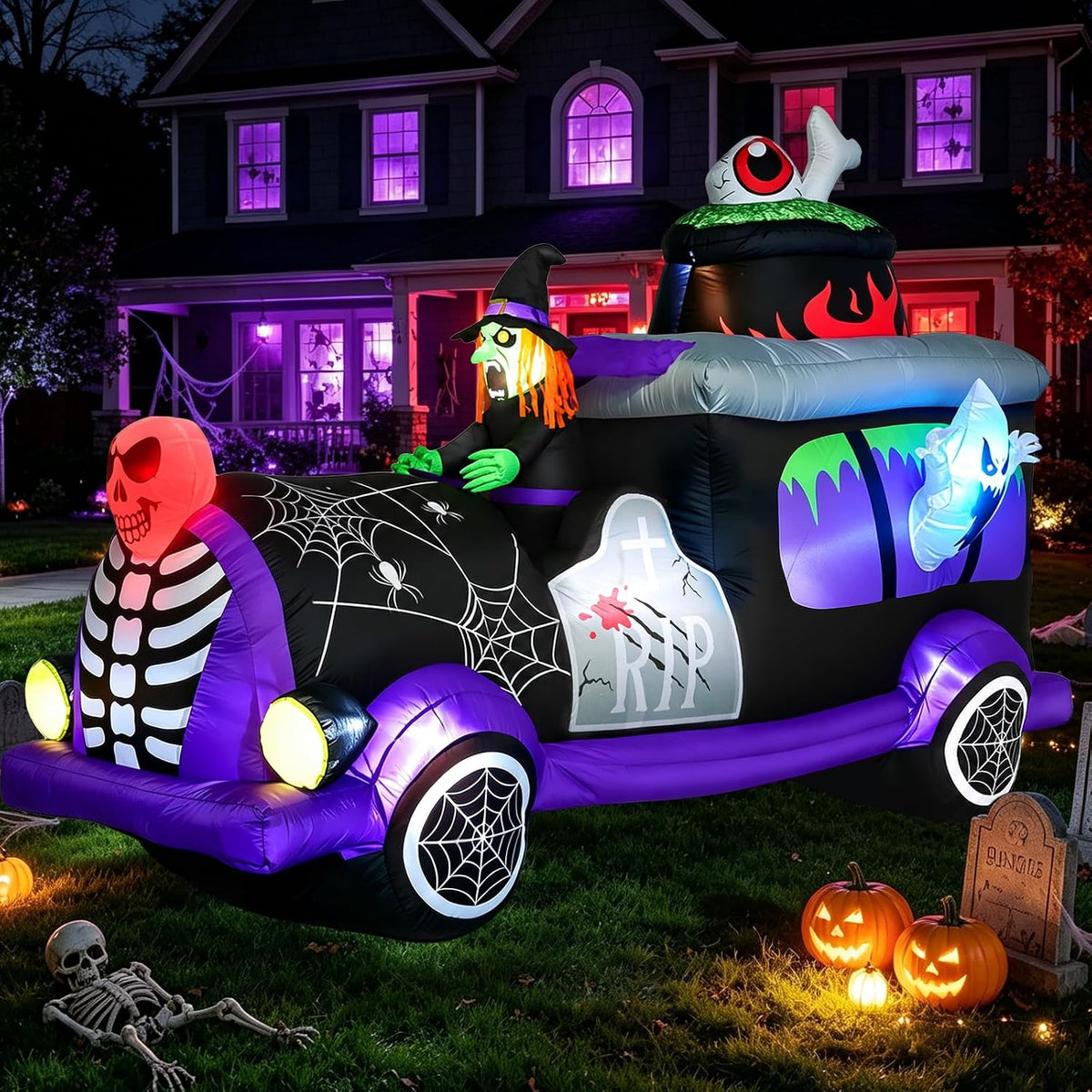 7.9FT Halloween Inflatables Witch Hearse with Ghost Skeletons Outdoor Decor / Halloween Blow Up Decorations