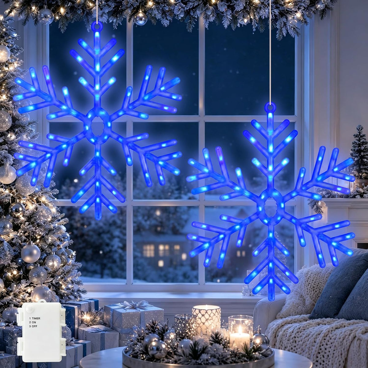 Macarrie 2 Pcs 22" LED Snowflake Lights Christmas Window Decor, Blue / Large LED Snowflake Outdoor Hanging