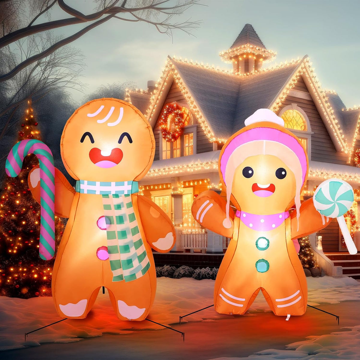 Soulchen 2 Pcs 5ft Christmas Gingerbread Inflatable Decoration Blow up Gingerbread Man Couple with LED Light