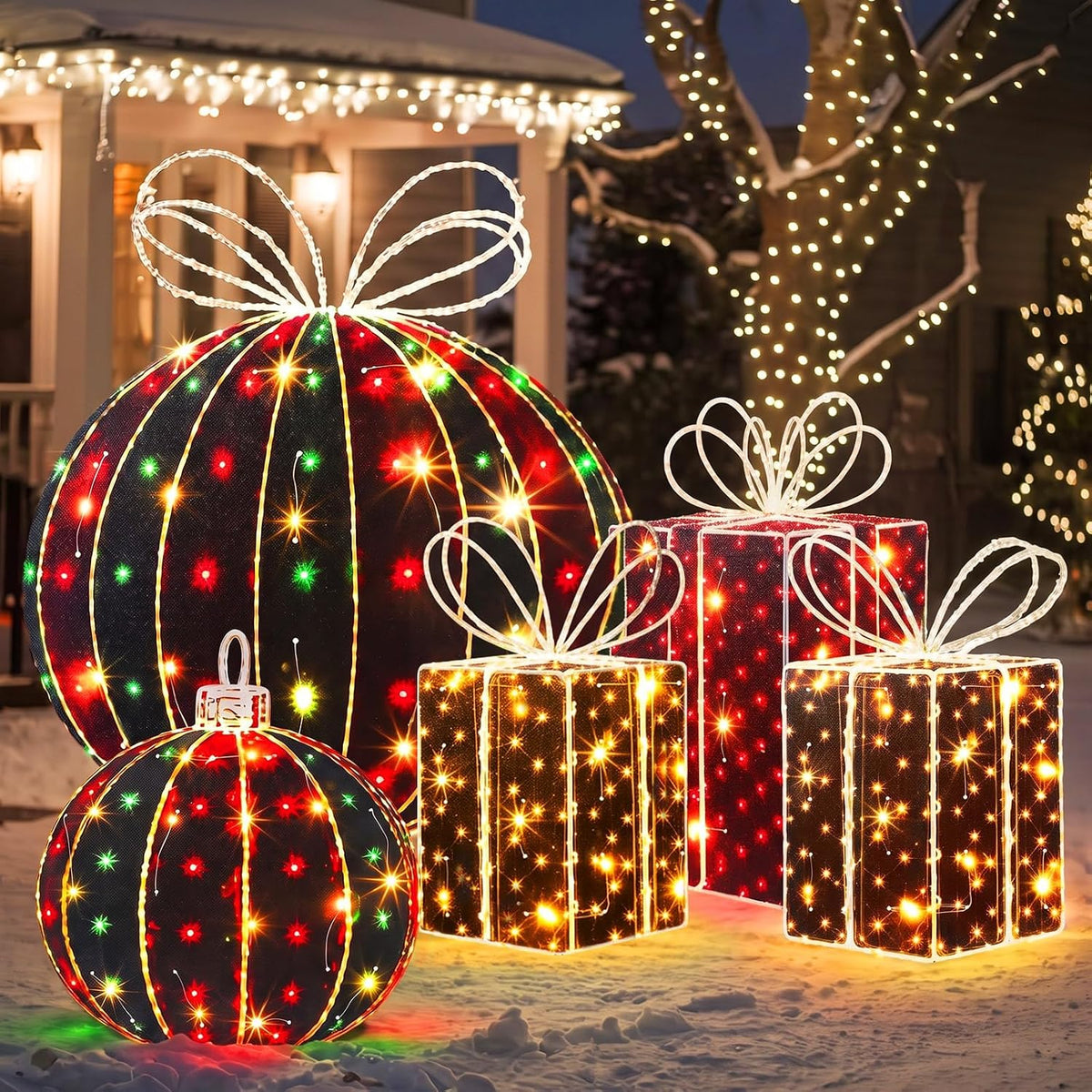 Woanger 5 Pcs Christmas Decorations Outdoor Lighted Metal Flat Gift Boxes / Pre Lit, Presents Balls with LED Lights, Diffe...