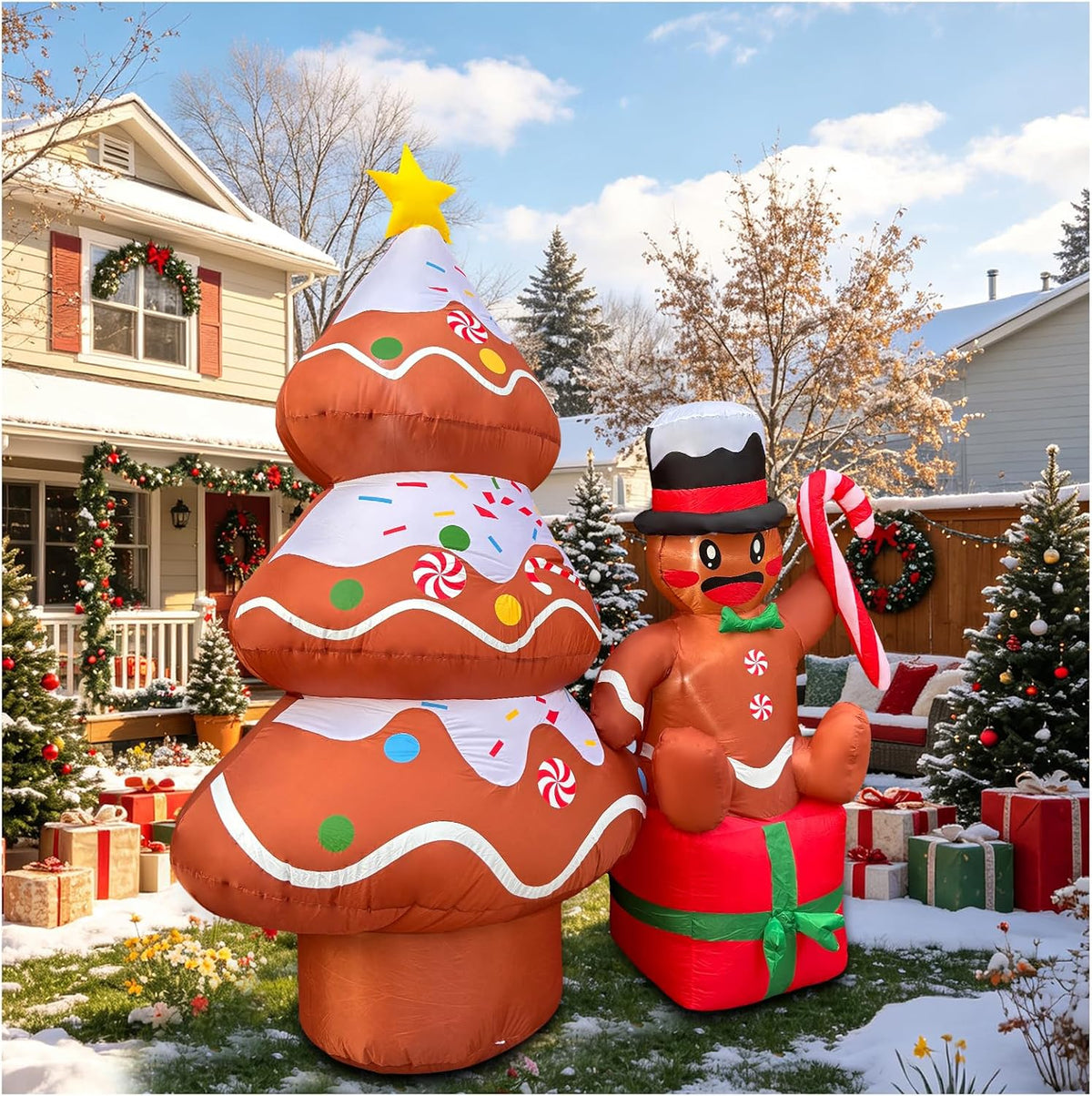 8.2FT Christmas Inflatable Outdoor Decoration,Blow Up Christmas Tree with Cute Playful Gingerbread Man