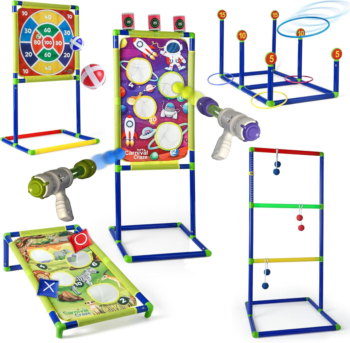 Carnival Games for Kids - Yard Games Include: Ring Toss, Beanbag, Ball Shooting Target Game, Ladder Toss, D
